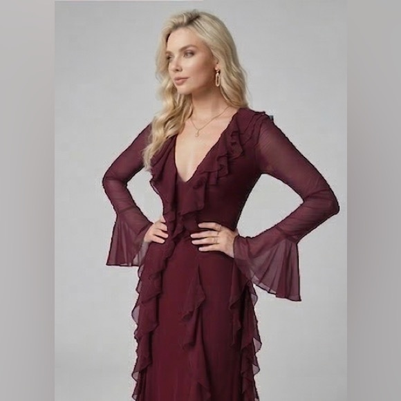 Ruffle Chiffon Maxi Dress Burgundy - Picture 5 of 10